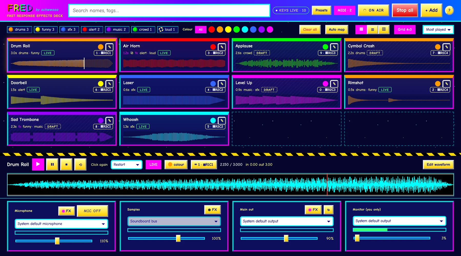 FRED sample board: coloured cards with waveforms, LIVE and DRAFT badges, and the mixer underneath