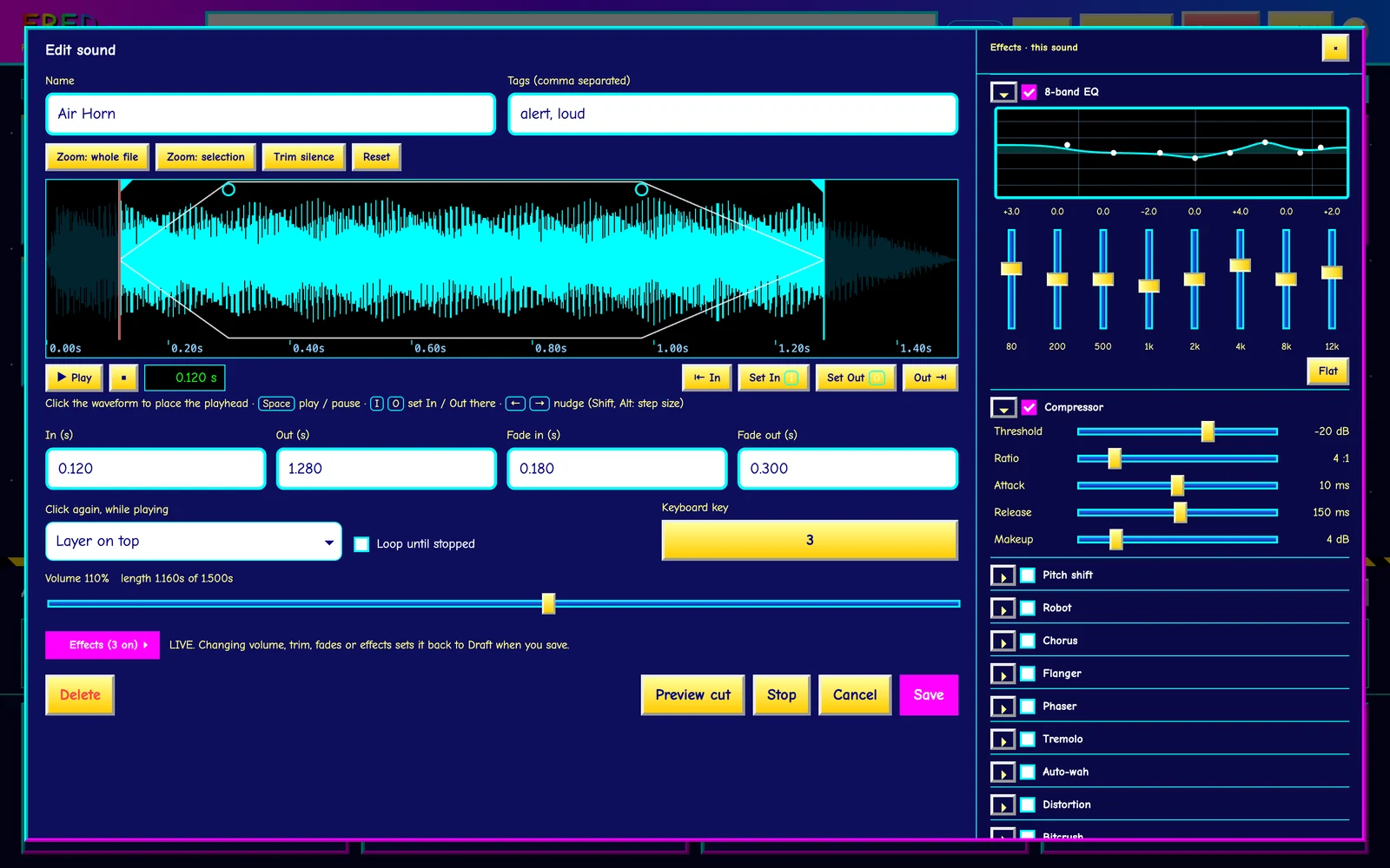 The sound editor: waveform with trim and fades, plus the effects panel