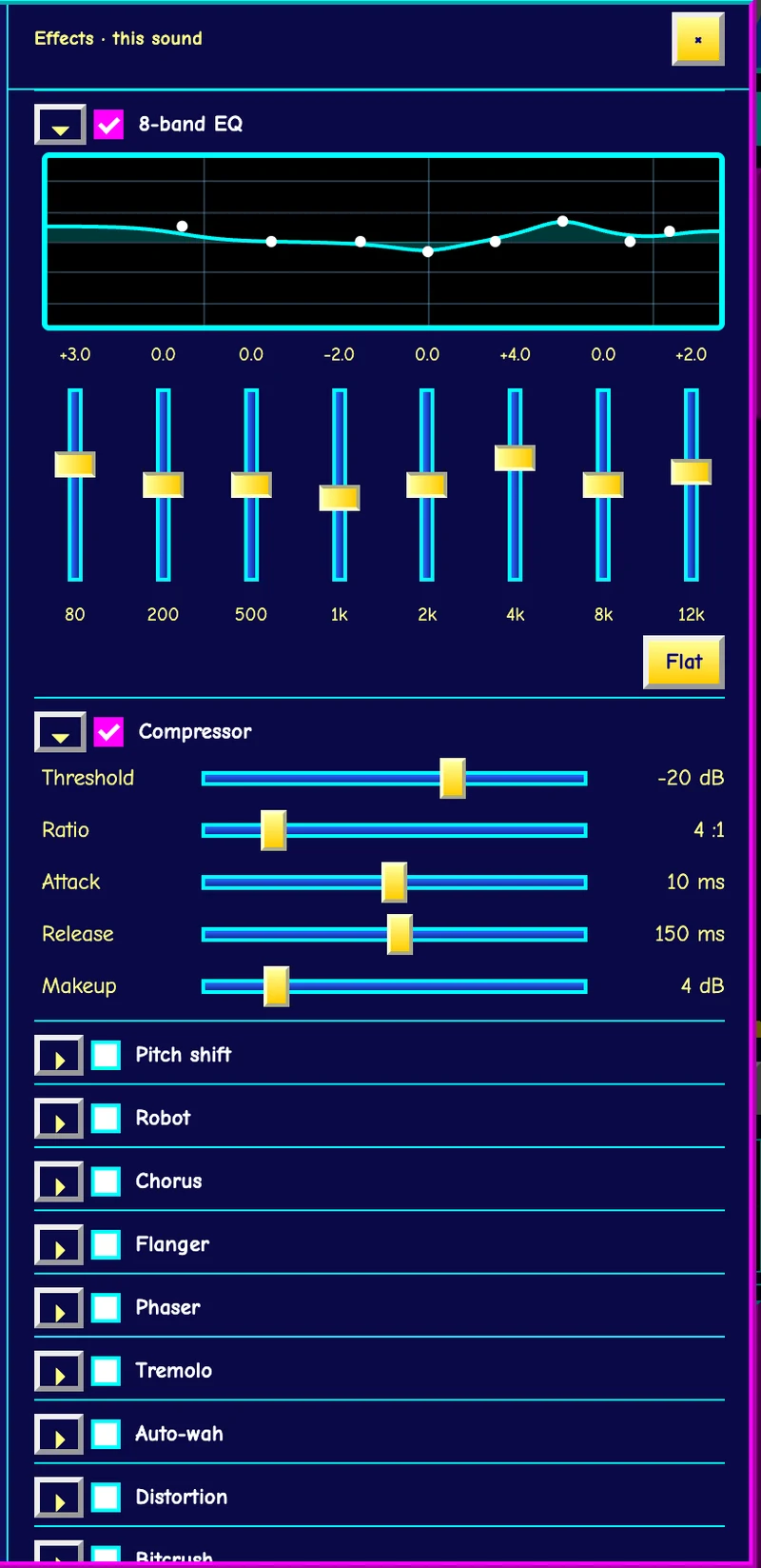 The FRED effects panel: an 8-band EQ with sliders, a compressor, and a list of more effects